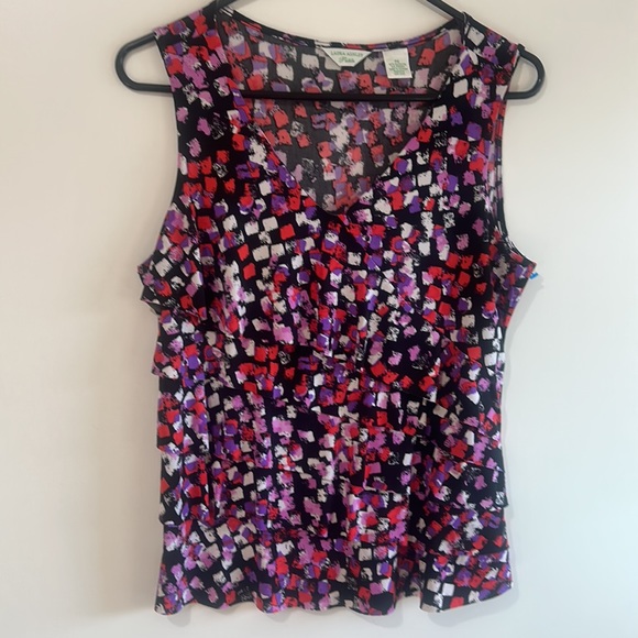 LAURA ASHLEY PETITS RUFFLED MULTICOLOURED SLEEVELESS V NECK BLOUSE SIZE SMALL - Picture 4 of 8